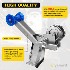 YEHERIT winch handle and cable closeup showing reliable 1200LB pulling power