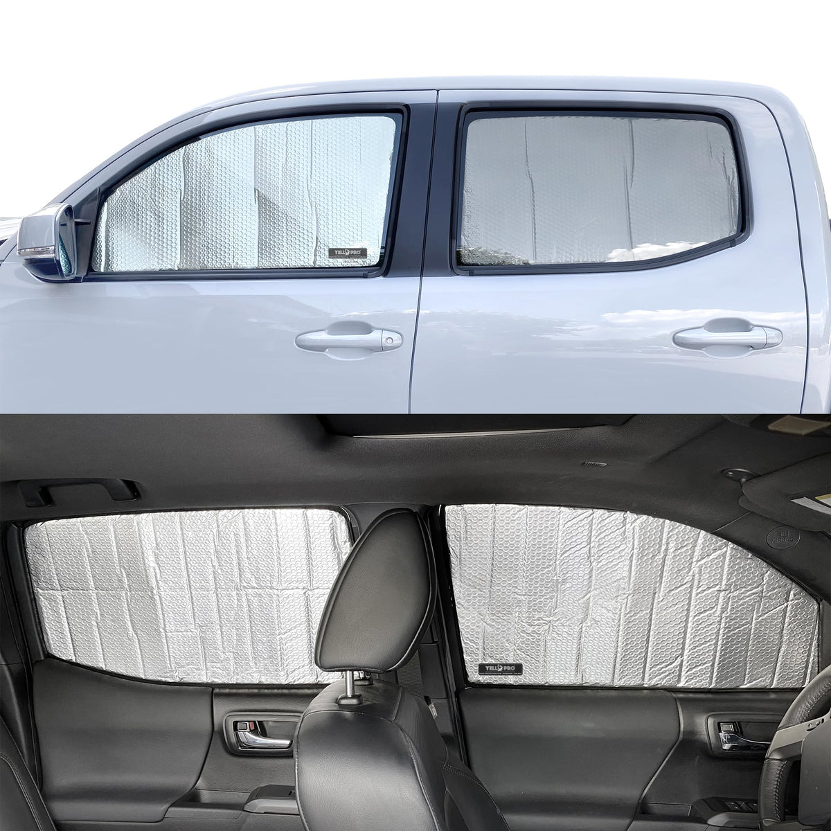 YelloPro Auto lifestyle parked pickup showing shade in use to lower interior temperatures