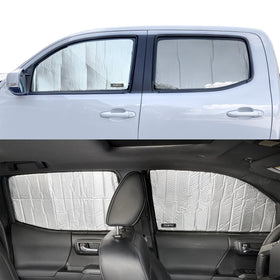 YelloPro Auto lifestyle parked pickup showing shade in use to lower interior temperatures