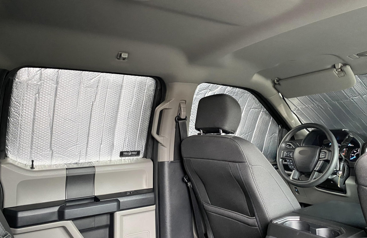 YelloPro Auto installed passenger-side view showing sun protection for seat and trim