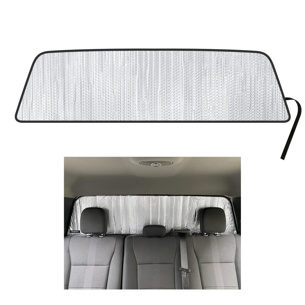 YelloPro Auto front view of custom-fit rear tailgate sunshade showing precise shape and fit, reduces cabin heat