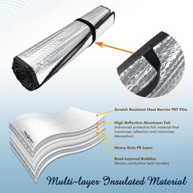 YelloPro Auto rolled sunshade secured with attached Velcro strap for easy storage and quick removal