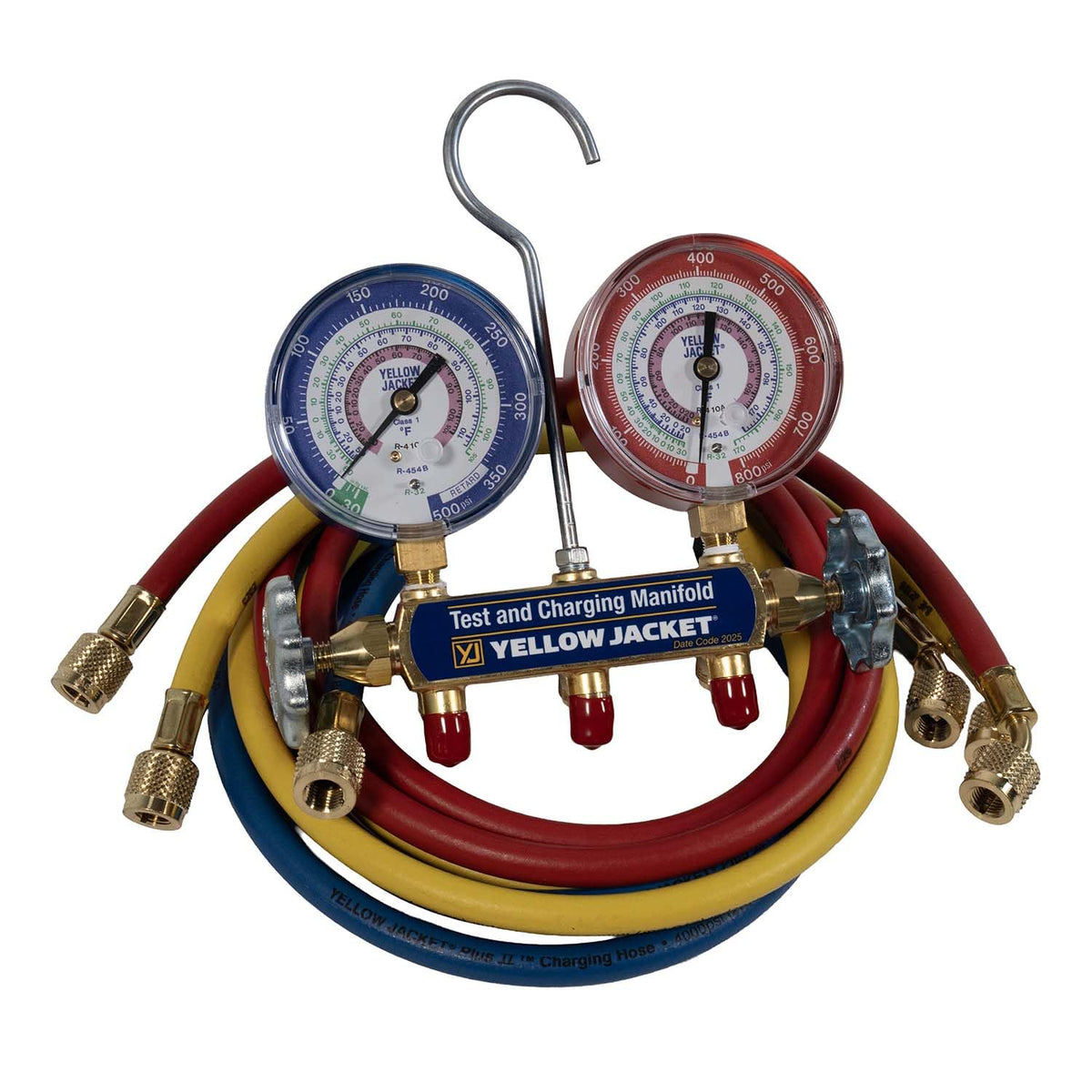 YELLOW JACKET front view manifold showing gauges and hoses for quick inspection