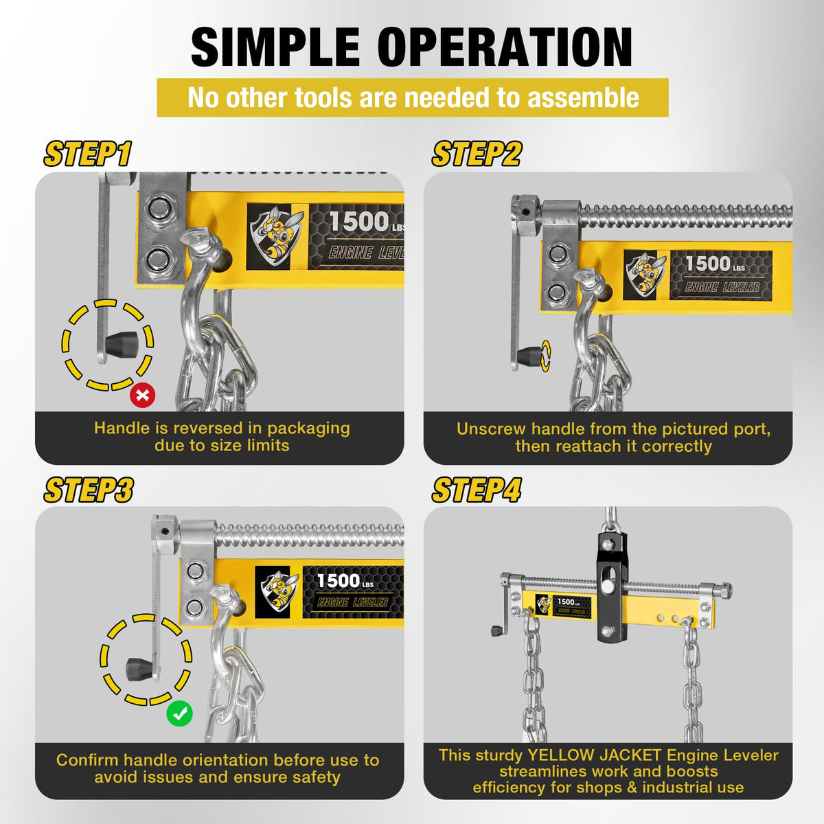 YELLOW JACKET chains with L-brackets secured to attachment points for safe lifting benefit