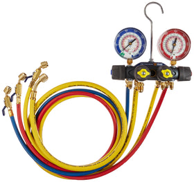 Yellow Jacket closeup of sight glass and color-coded valves for accurate refrigerant observation