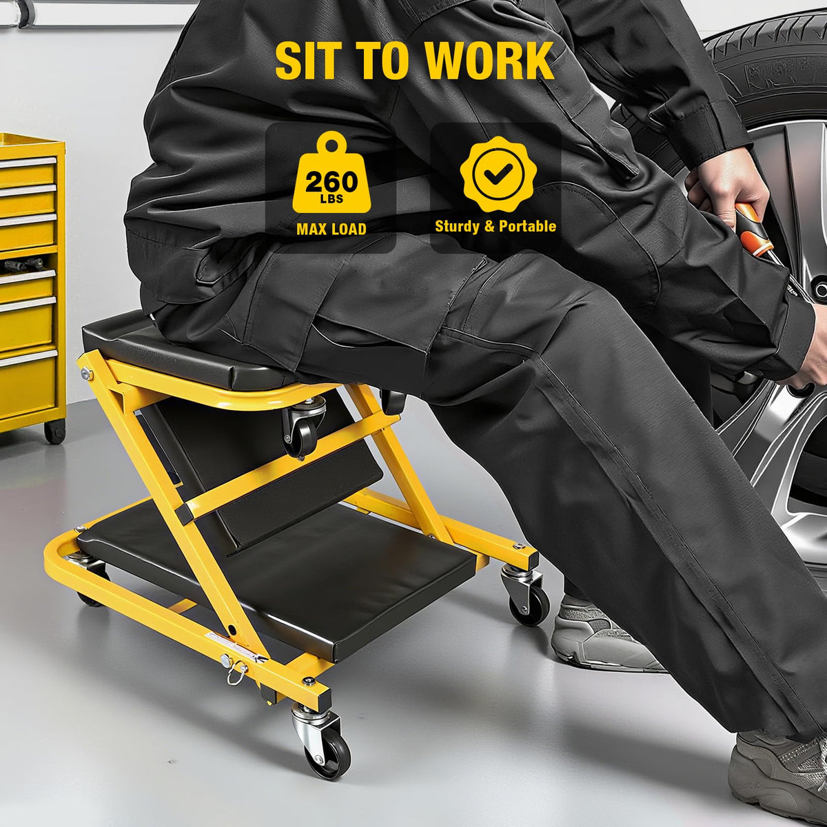 YELLOW JACKET close view of six polyurethane casters ensuring smooth, non-marring mobility