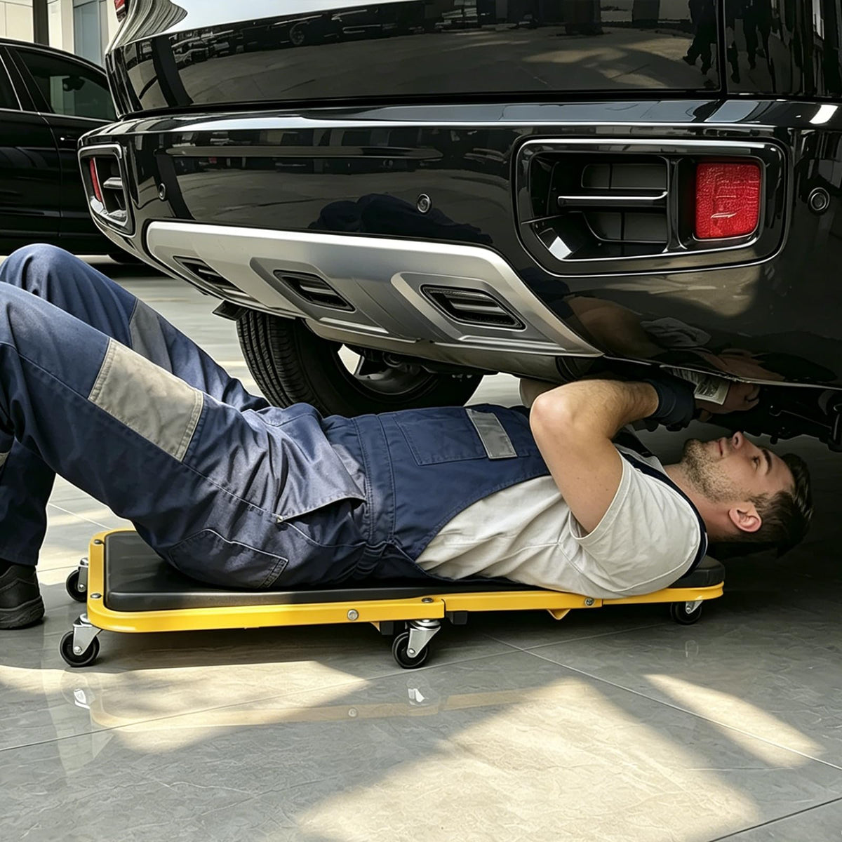 YELLOW JACKET creeper next to a toolbox showing scale and portable garage fit