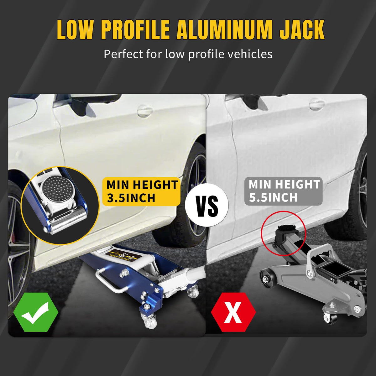 YELLOW JACKET height range comparison showing 3.5" to 14" lifting versatility