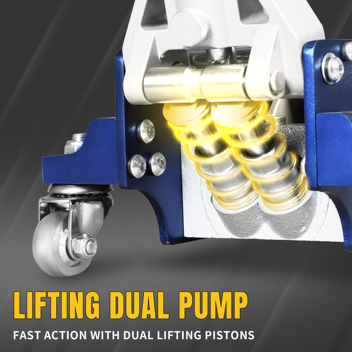 YELLOW JACKET lifting a sedan in a garage demonstrating fast dual-piston lift