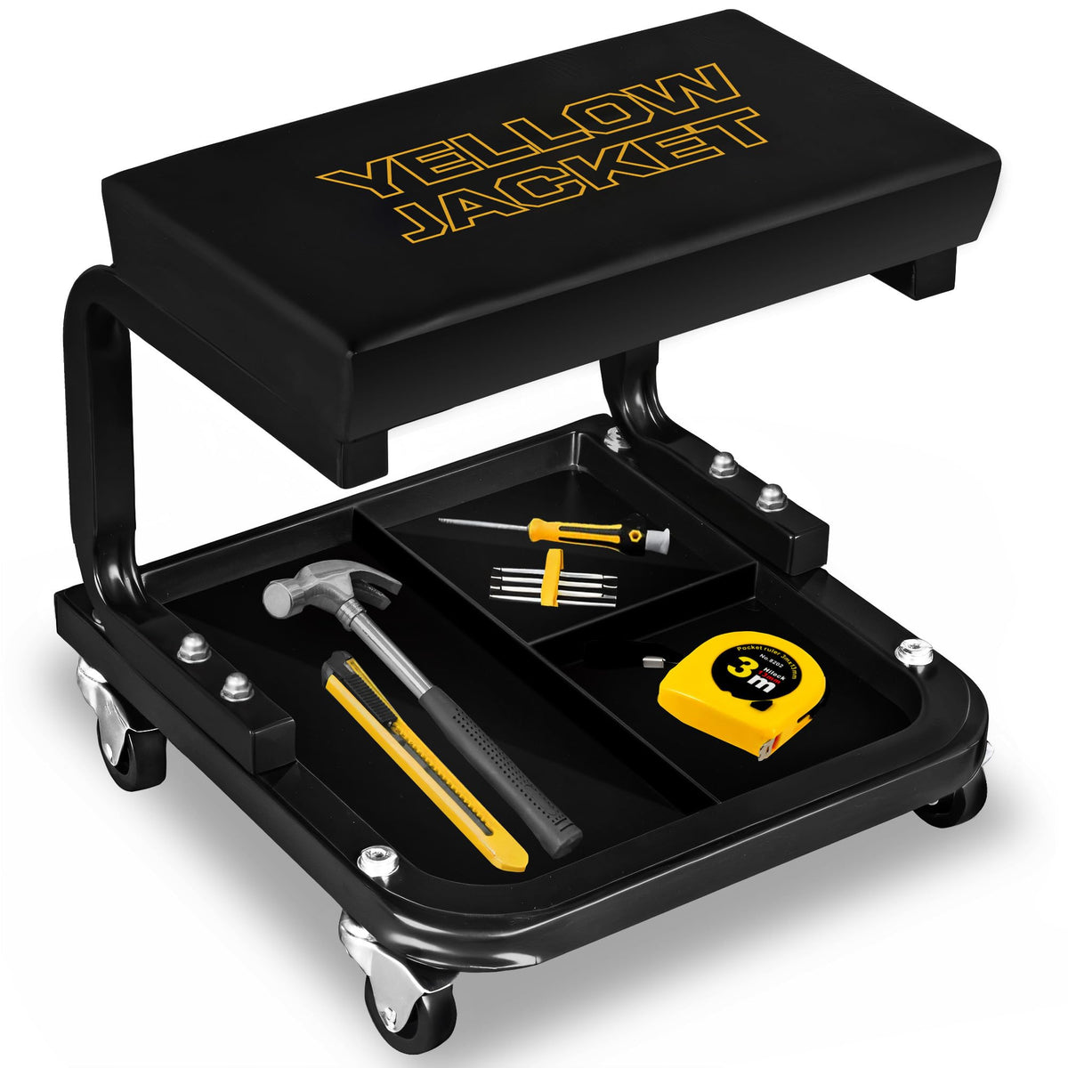 YELLOW JACKET front view of garage seat showing stable frame and mobility benefits