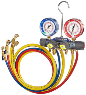 Yellow Jacket front view manifold gauge set showing controls and lightweight body for fast service