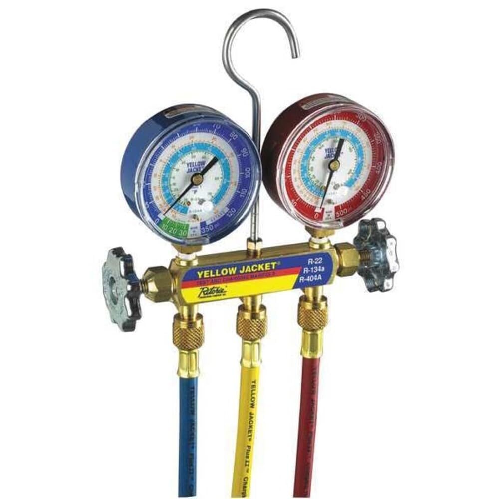 Yellow Jacket front view manifold with large gauge for accurate readings