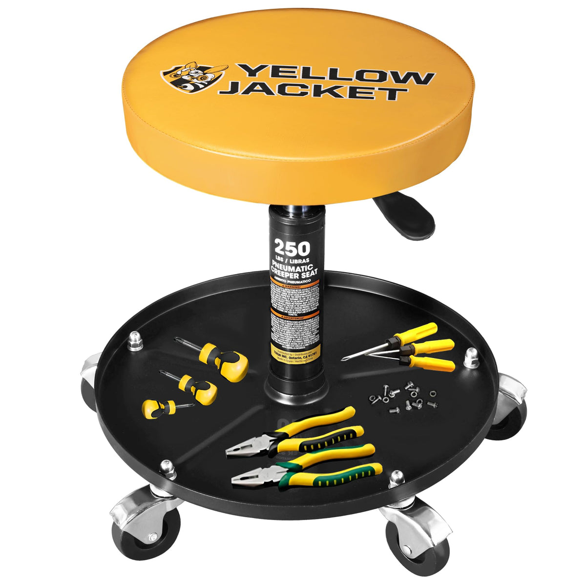 YELLOW JACKET front view mechanic stool showing compact mobile design and tool tray benefit