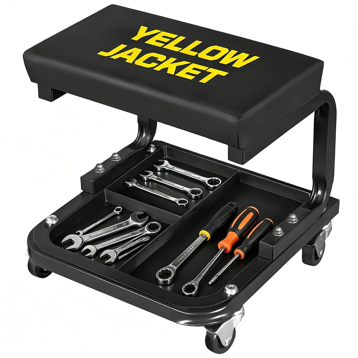 YELLOW JACKET front view of rolling mechanic stool showing stable base and tray, improves workflow