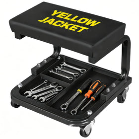 YELLOW JACKET front view of rolling mechanic stool showing stable base and tray, improves workflow