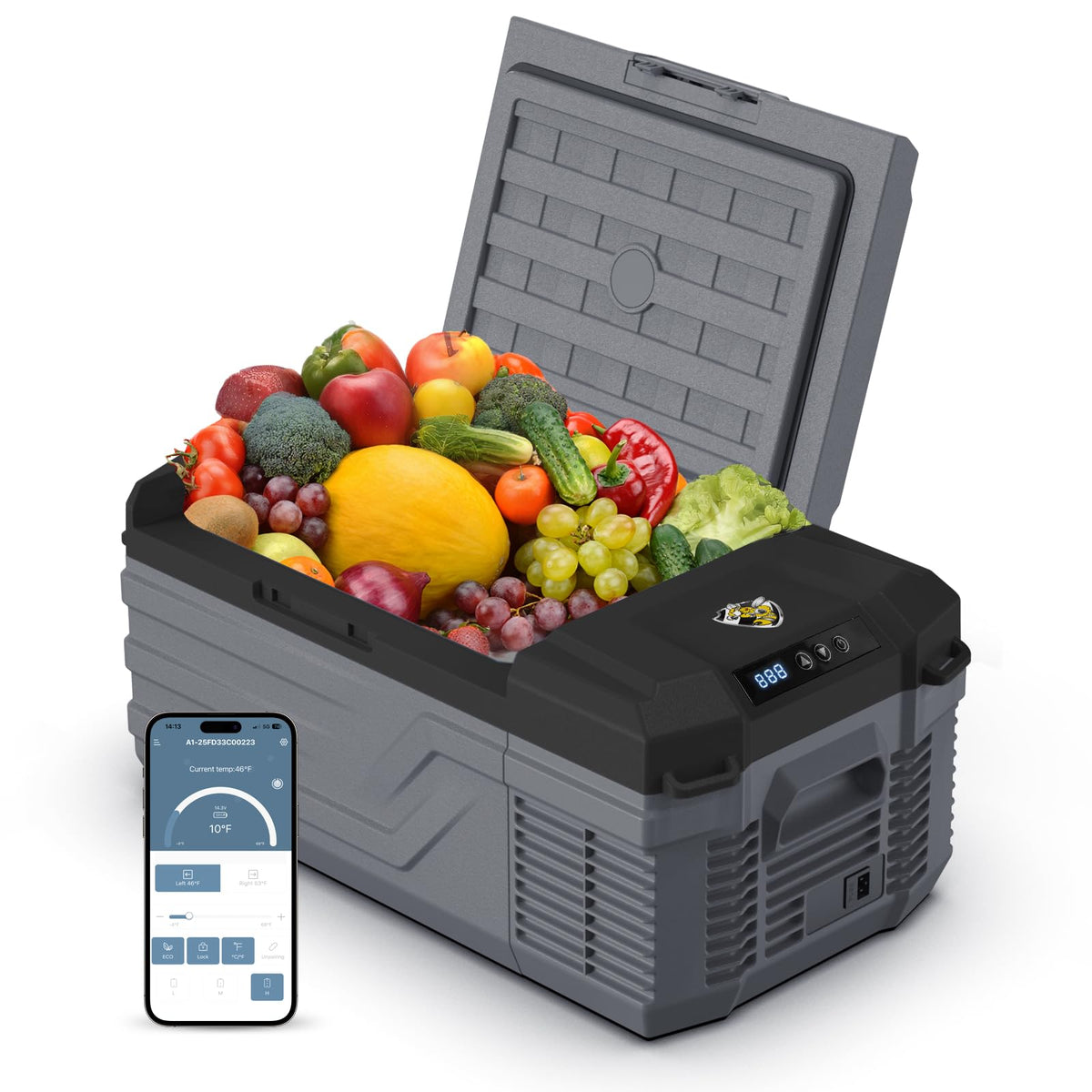 YELLOW JACKET front view of portable 16 quart car refrigerator showing compact design and portability