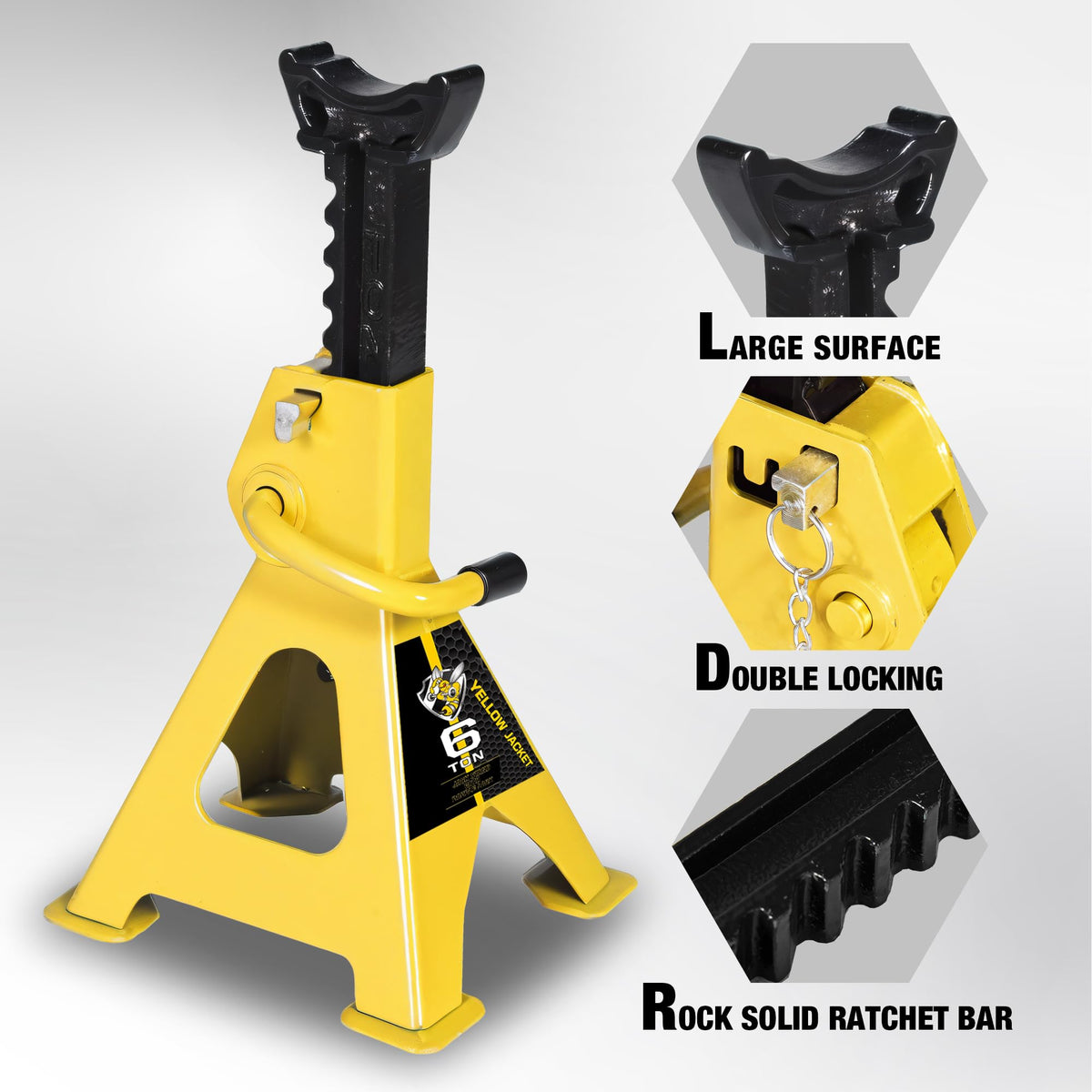 YELLOW JACKET handle and safety pin detail for double-lock redundancy and safety