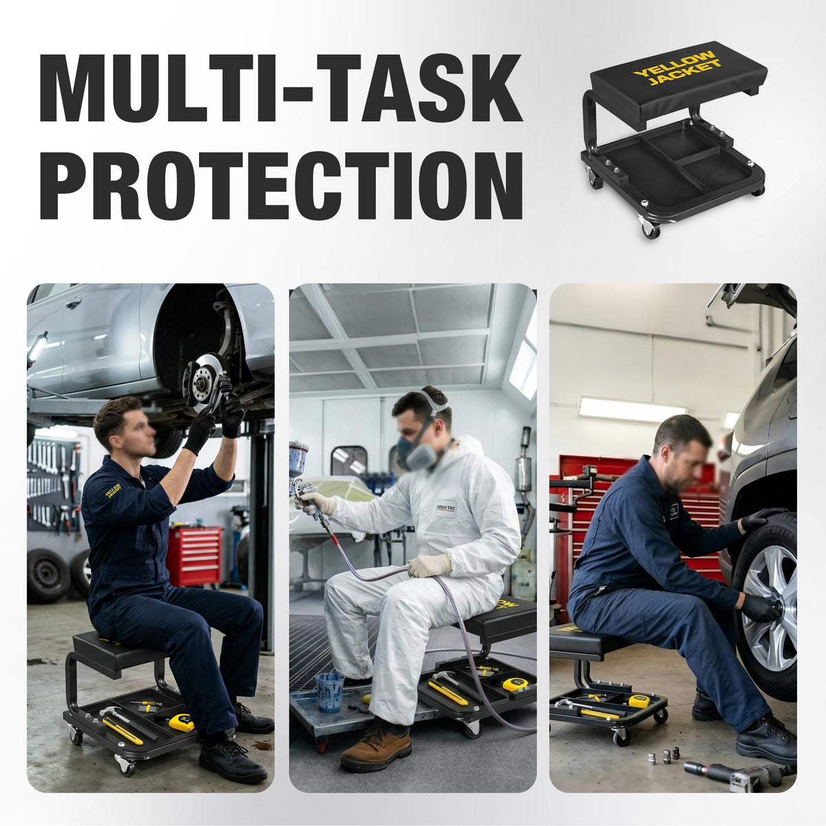 YELLOW JACKET stool next to seated mechanic for scale showing compact, ergonomic design