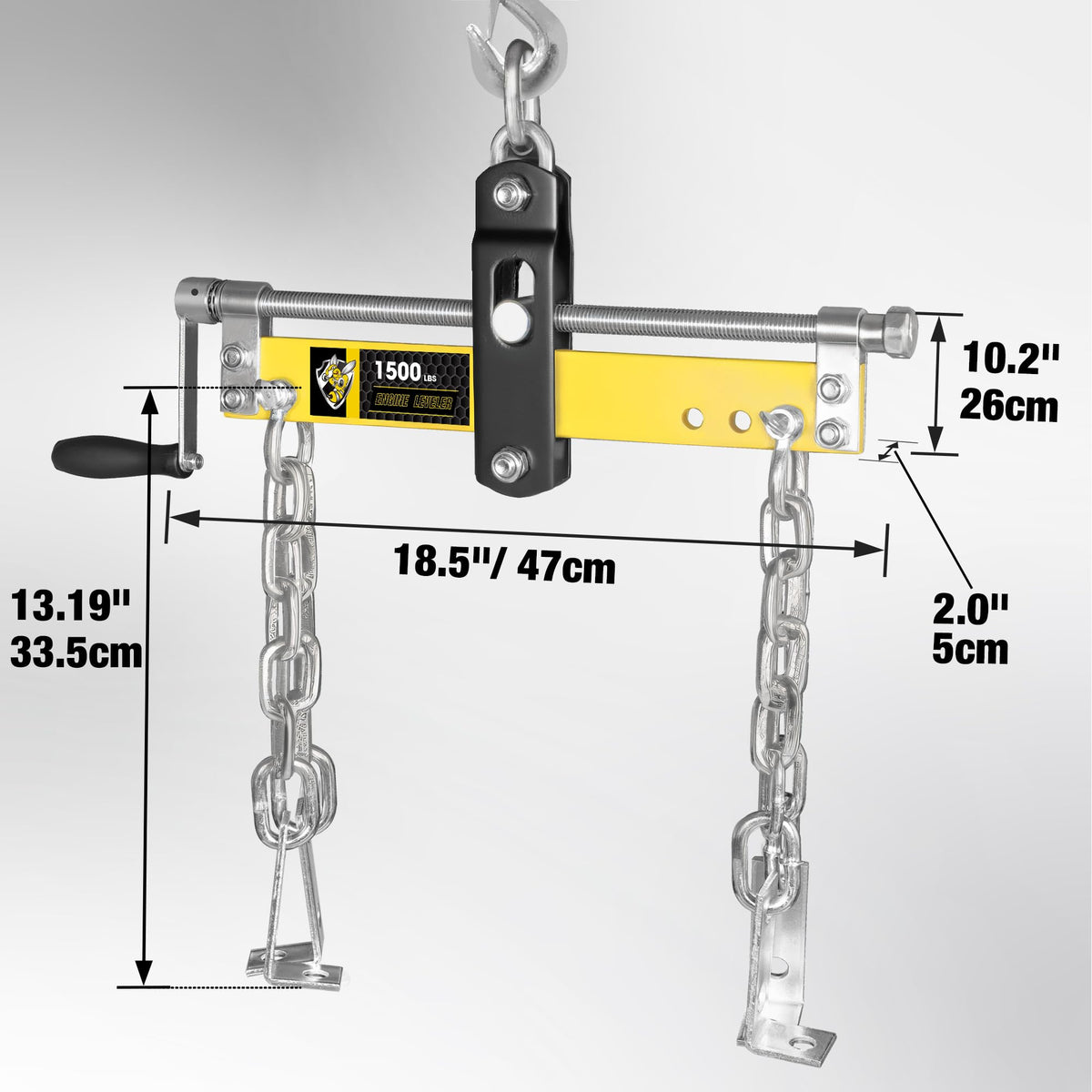 YELLOW JACKET leveler mounted on crane showing in-use positioning advantage