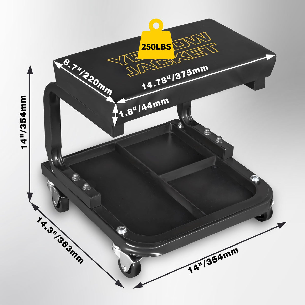 YELLOW JACKET under-seat tool tray open for organized fasteners and tools