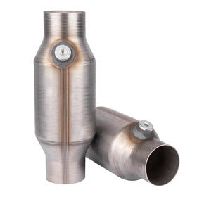 Yeoflagtrade front view of catalytic converter pair showing durable stainless steel housing and fit