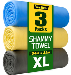 YesBes front pack showing three XL shammy towels and clear labeling, fast drying benefit
