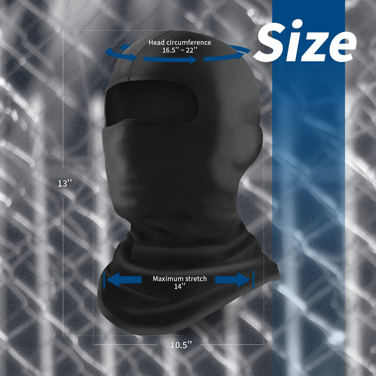 YESLIFE flat-lay with ruler showing balaclava size and compact packability