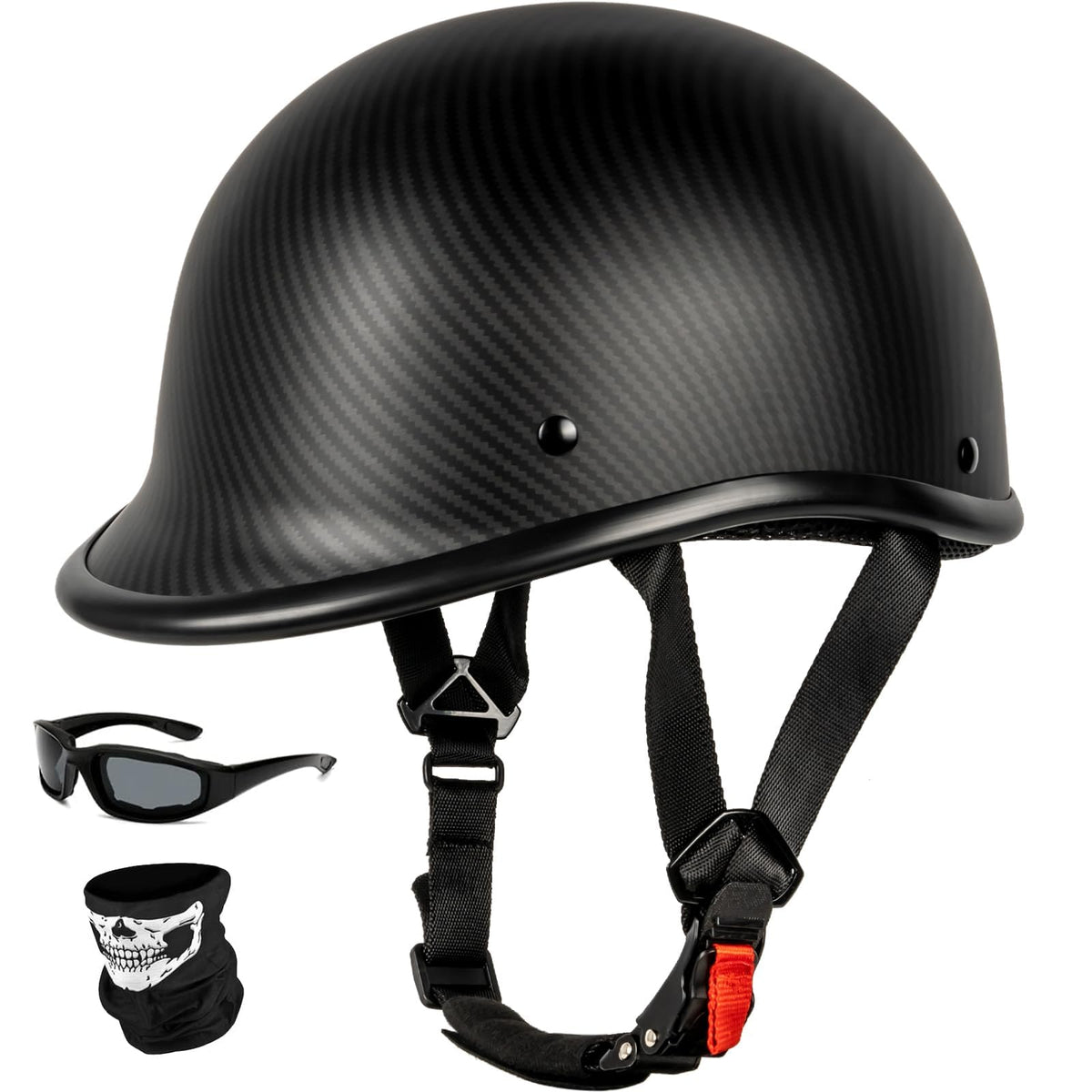 Yesmotor front view carbon helmet showing DOT badge and secure fit