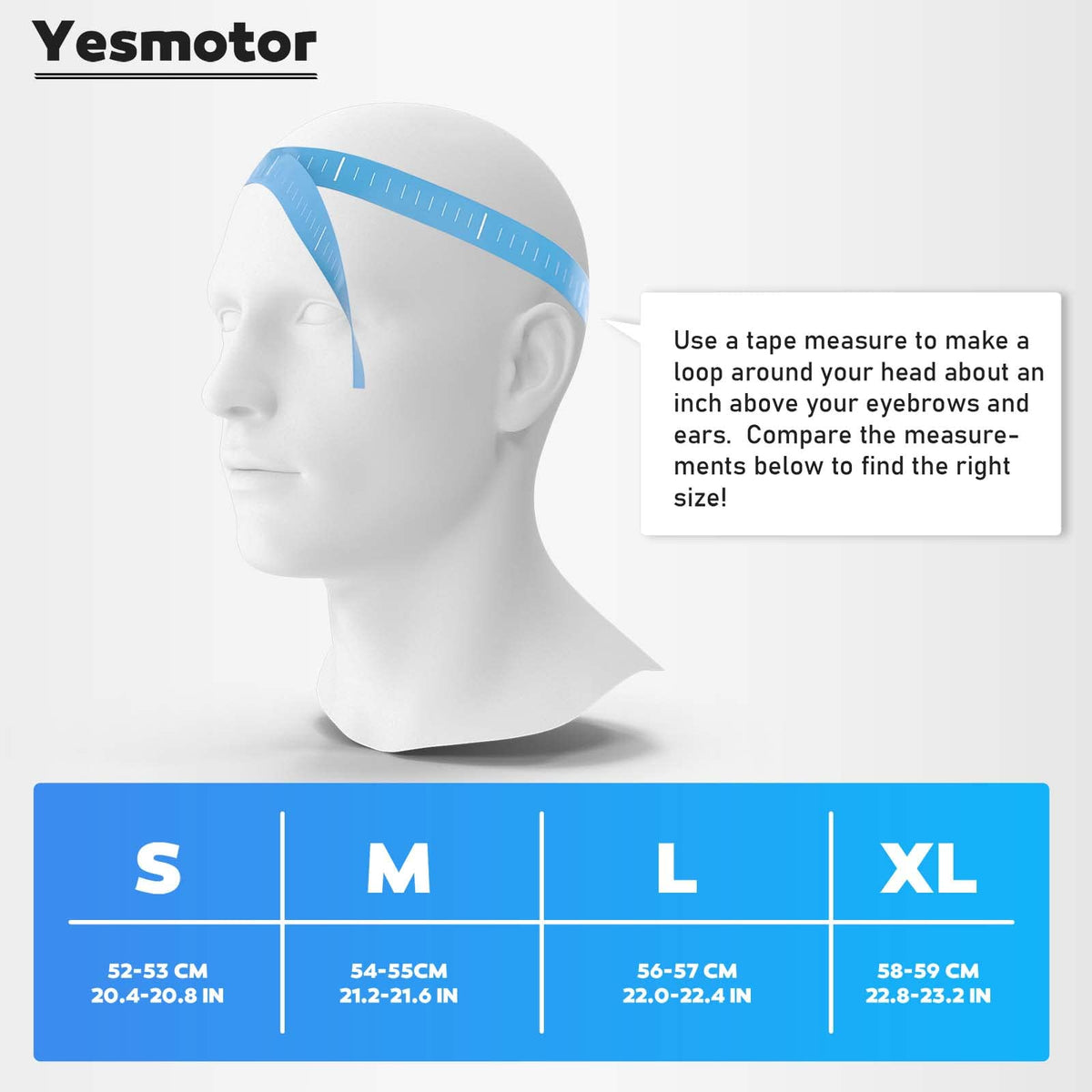 Yesmotor helmet beside child-sized prop showing fit and correct sizing benefit