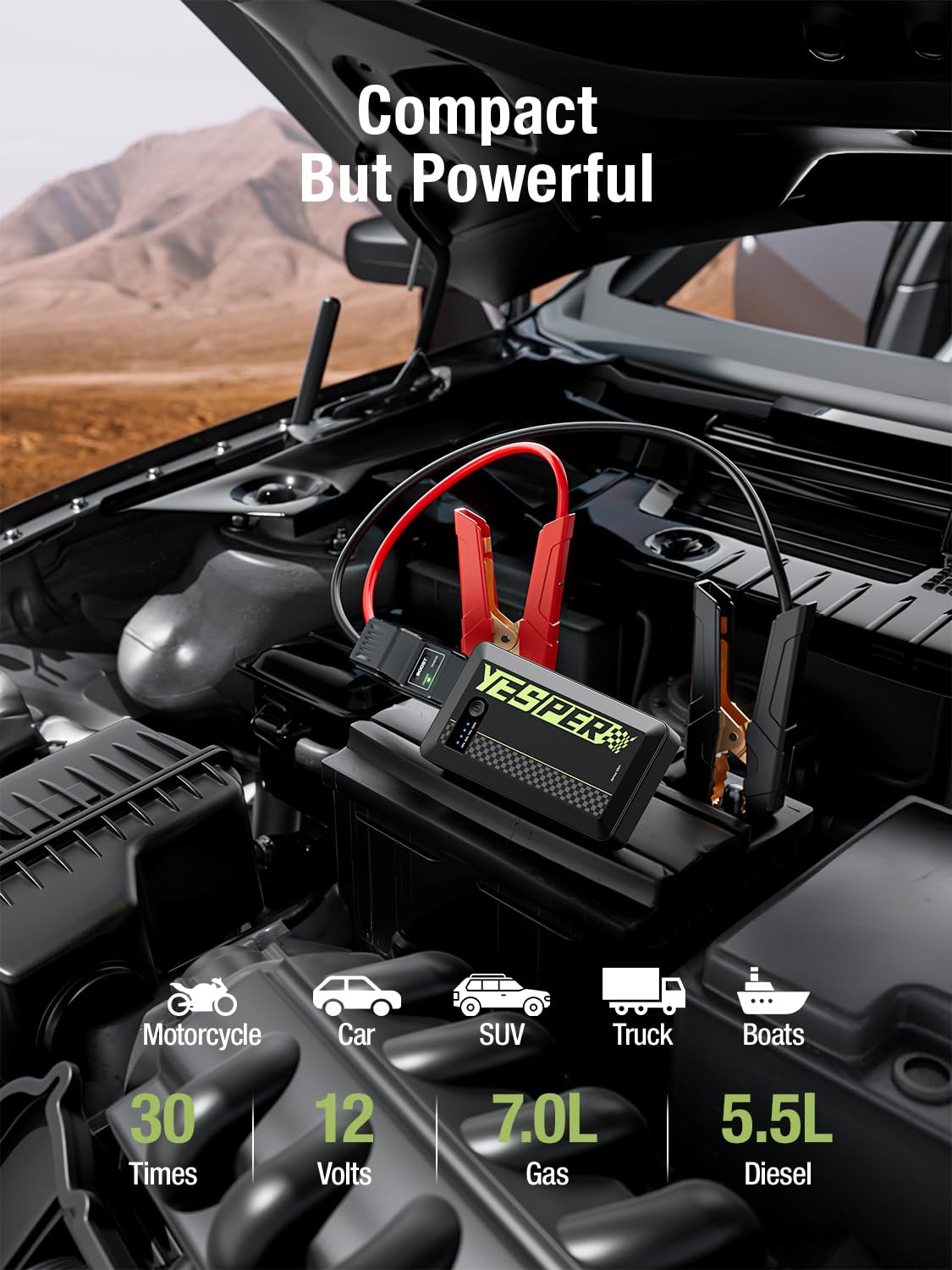 YESPER jump starter next to a smartphone for scale illustrating portability