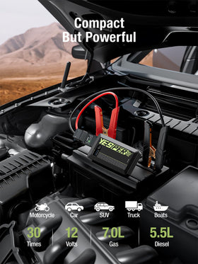 YESPER jump starter next to a smartphone for scale illustrating portability
