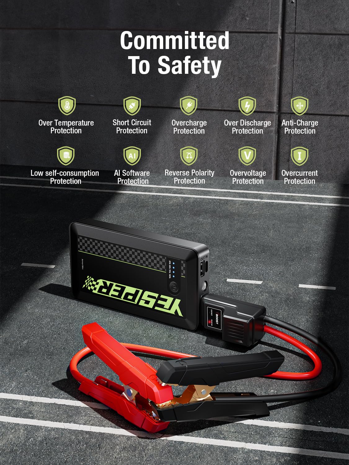 YESPER jump starter connected to a car battery during roadside start for reliability