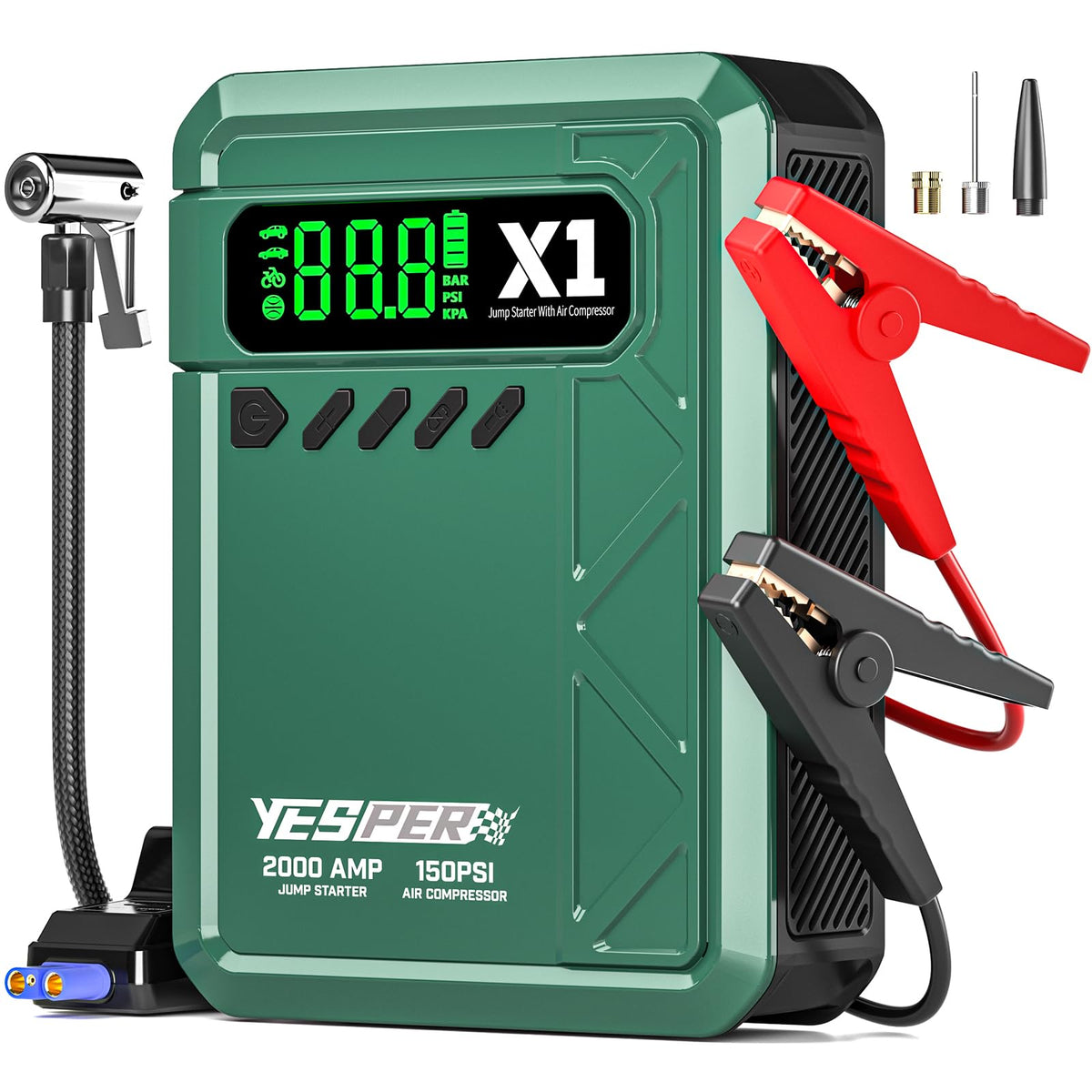 YESPER X1 front profile showing compact jump starter and compressor for roadside readiness