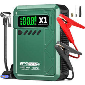 YESPER X1 front profile showing compact jump starter and compressor for roadside readiness