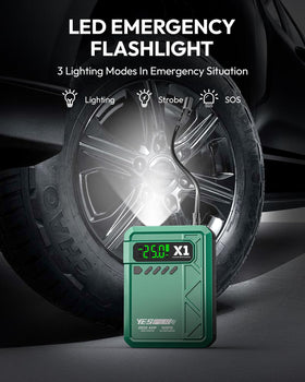 YESPER X1 inflating a car tire to 30 PSI showing fast recovery on the roadside