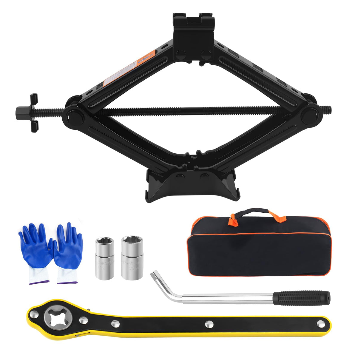 YGDMD scissor jack front view showing compact, durable lifting design and stability