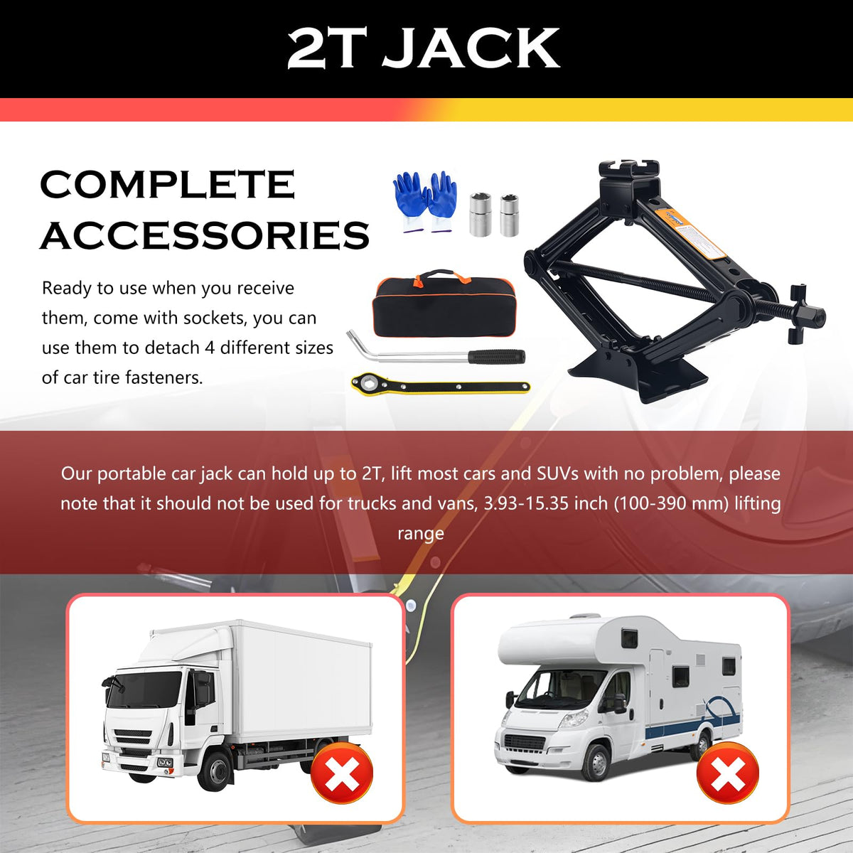 YGDMD jack next to ruler showing lifting range and compact folded size for trunk storage