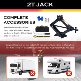 YGDMD jack next to ruler showing lifting range and compact folded size for trunk storage