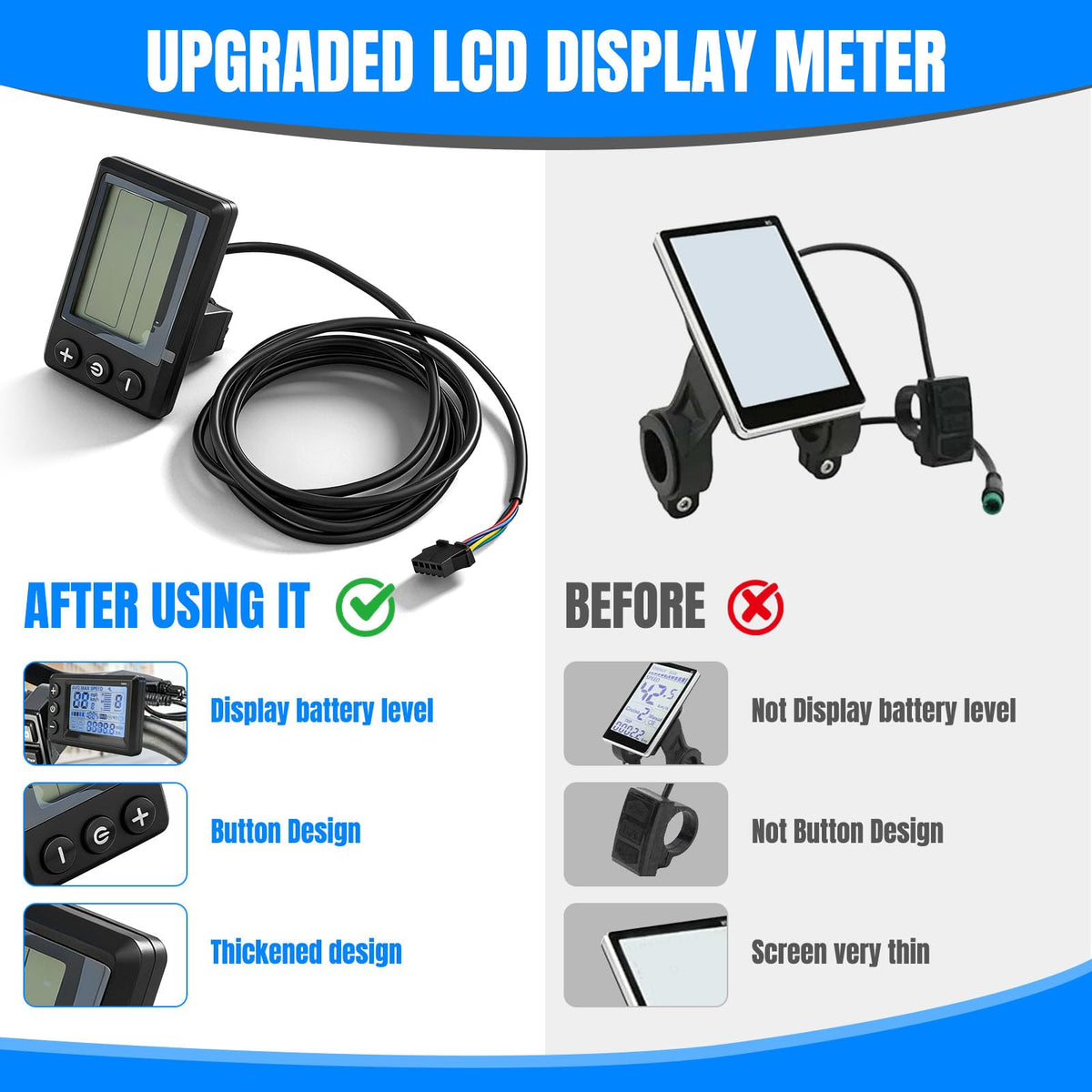 YIBEICO close-up LCD screen displaying speed and battery level benefit