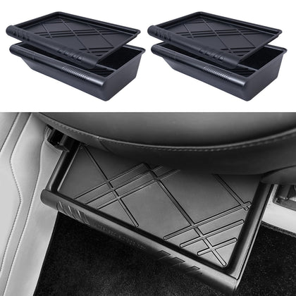 Yieokei front view installed under Tesla Model Y seat showing neat storage benefit