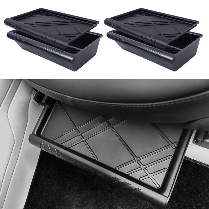Yieokei front view installed under Tesla Model Y seat showing neat storage benefit