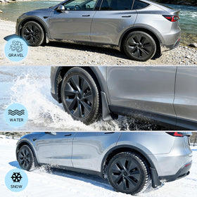 Yieokei mud flaps on Model Y Juniper diverting road spray in wet conditions