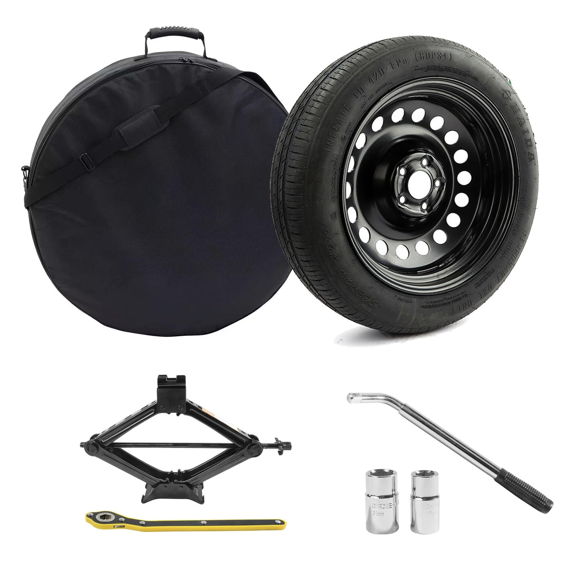 YIFSPARE front view of full spare tire kit with tools for quick roadside repairs