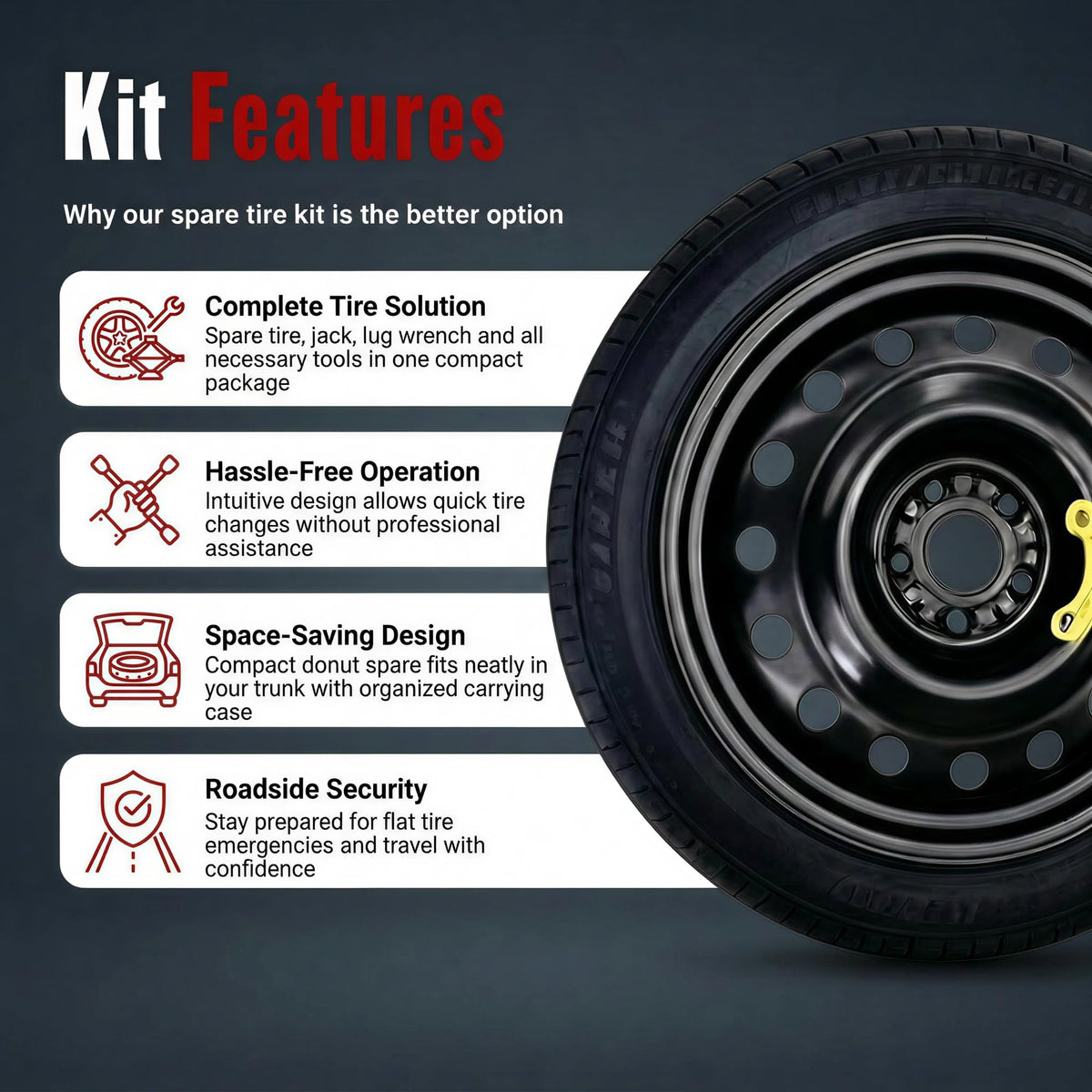 YIFSPARE side profile of 155/90R18 spare on 18x4 rim showing compact fit