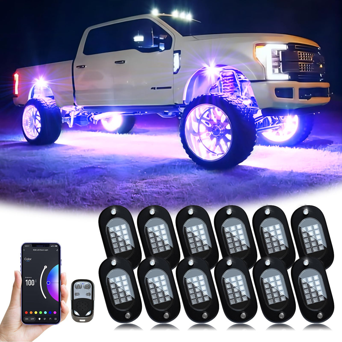 YiLaie front view of 12 LED pods showing complete kit and bright coverage