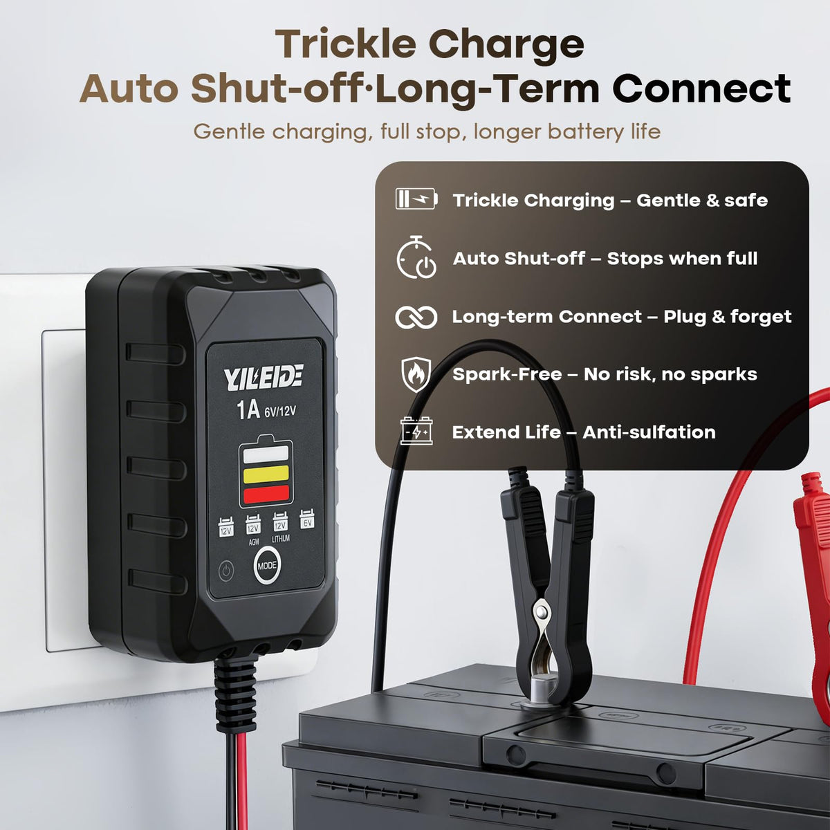 YILEIDE connected to a car battery demonstrating safe charging in a garage