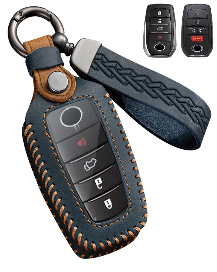 YINEOR front view blue leather key cover showing neat fit and protection
