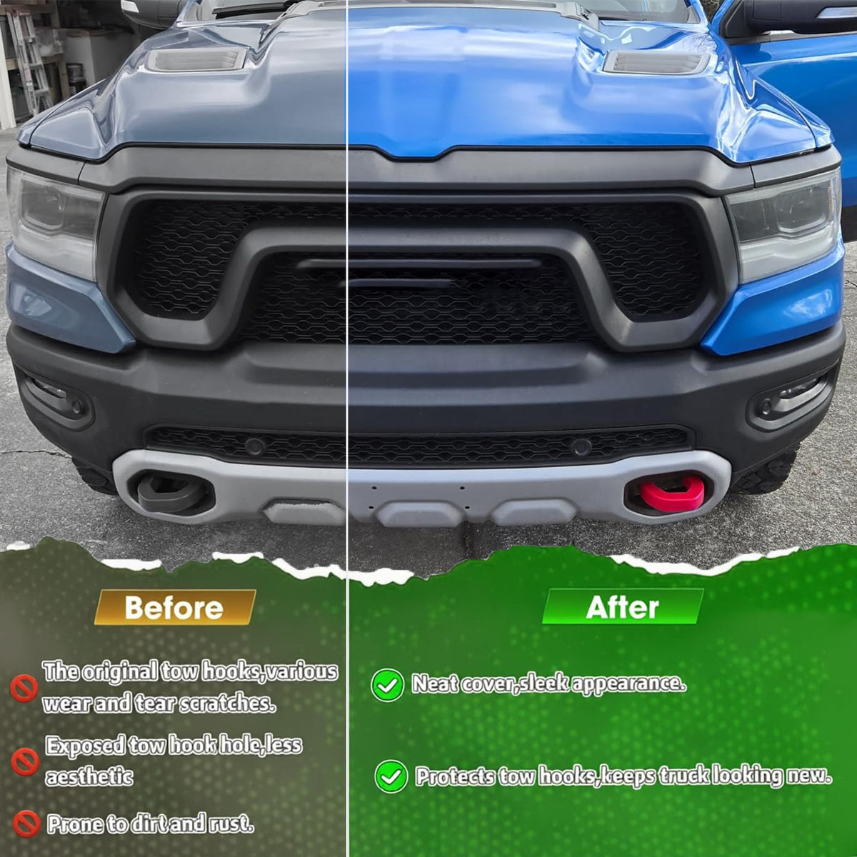Yinnianets tow hook cover installed on RAM 1500 bumper showing secure snap fit