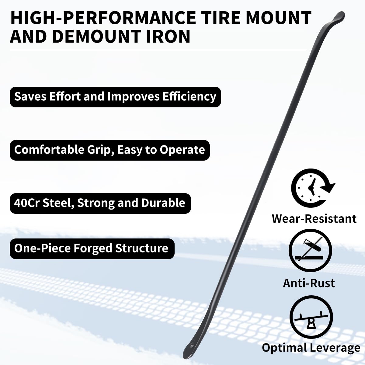 YINZIDUOLAI tire iron beside tape measure showing 38-inch leverage advantage
