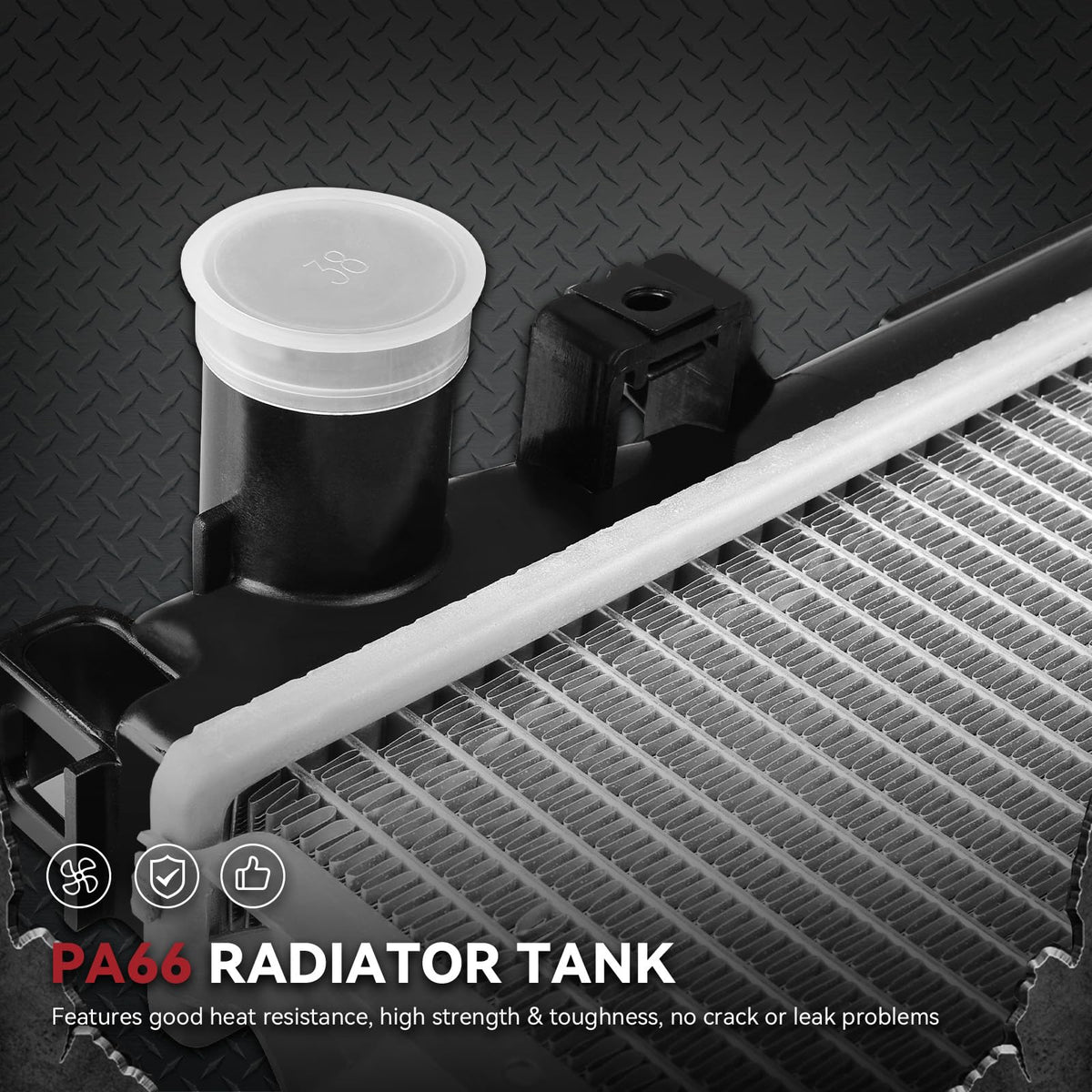 YITAMOTOR radiator beside measuring ruler showing precise core and header dimensions